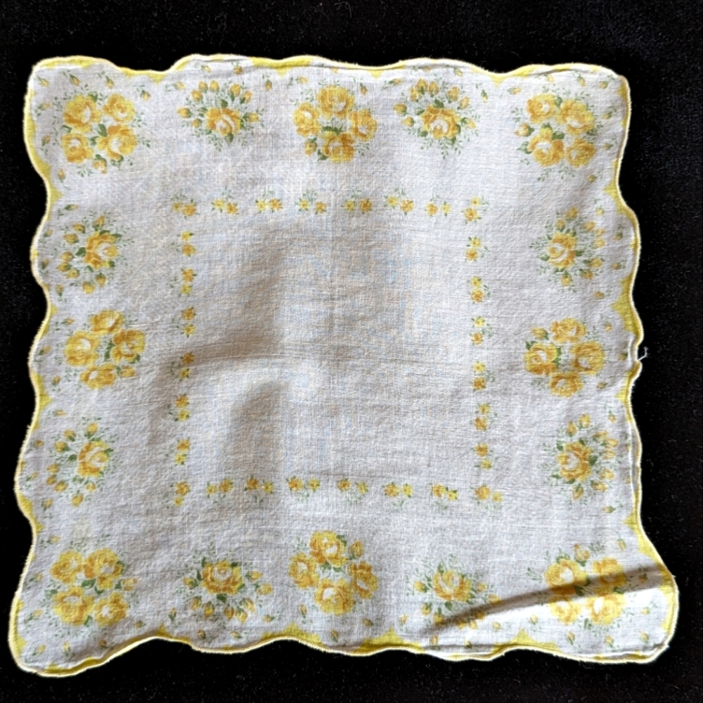 Vintage White Handkerchief with Yellow Flowers and Green Fauna